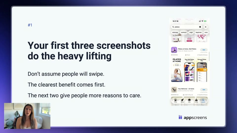 Sammy explains why the first three screenshots matter, alongside an App Store listing example.