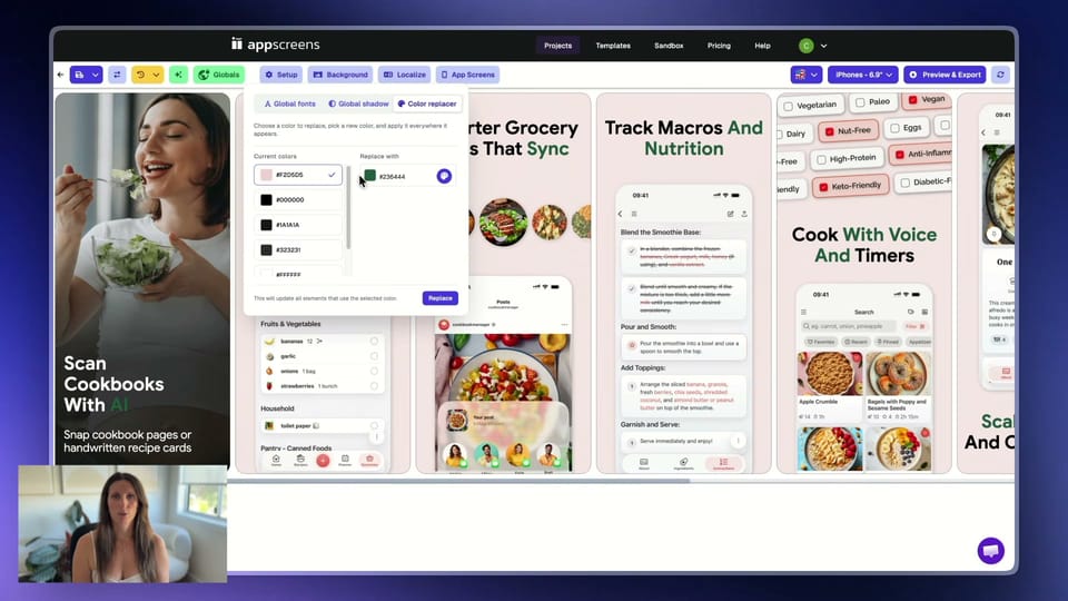 The AppScreens designer with global color controls open above a CookBook screenshot set.