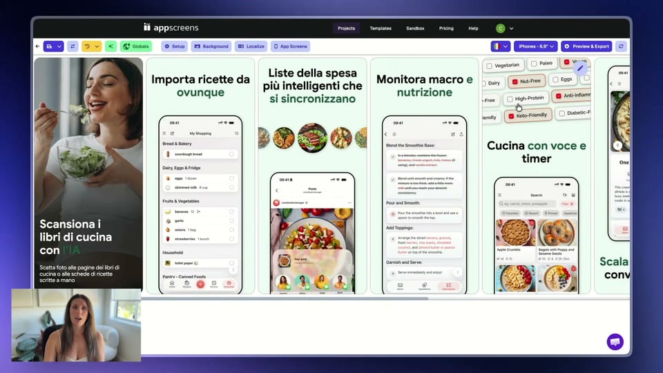 A CookBook screenshot project in AppScreens with Italian captions above English app captures.