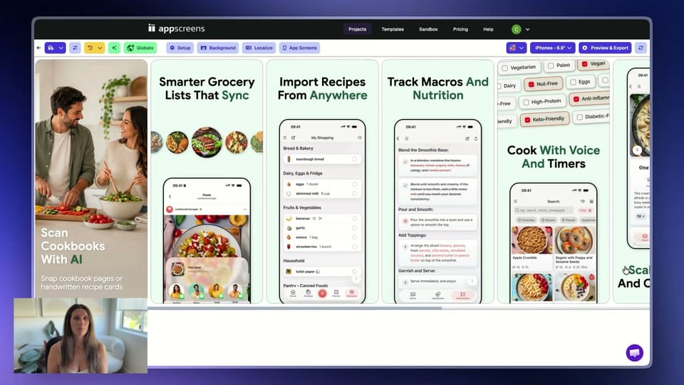A CookBook screenshot variant in AppScreens with a cooking photo first and the grocery-list caption moved earlier in the set.