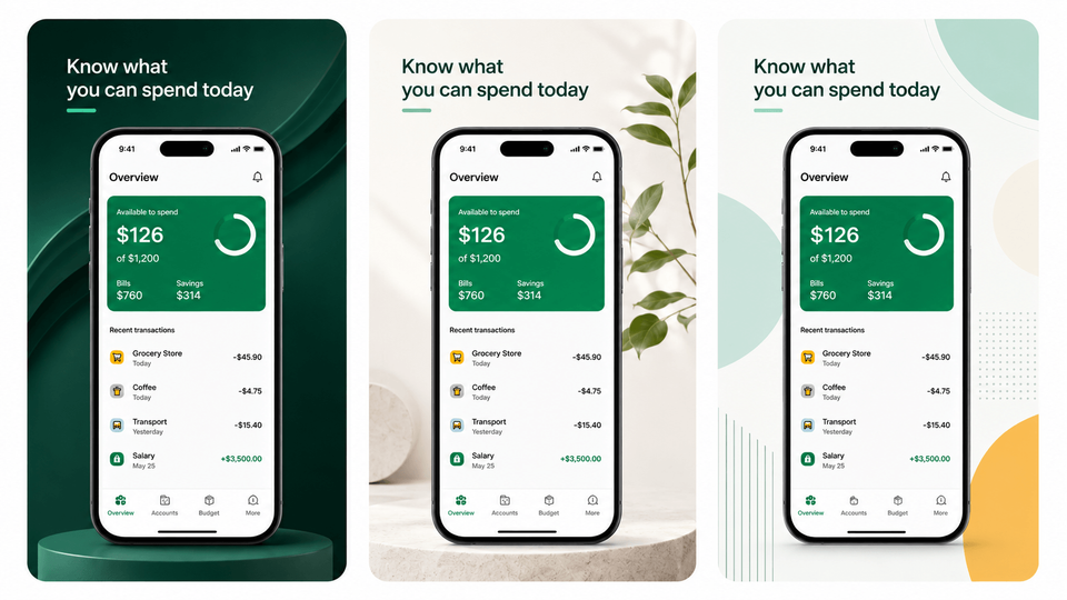 Three App Store screenshot design variants for a budgeting app showing the same app screen and caption in different visual styles.