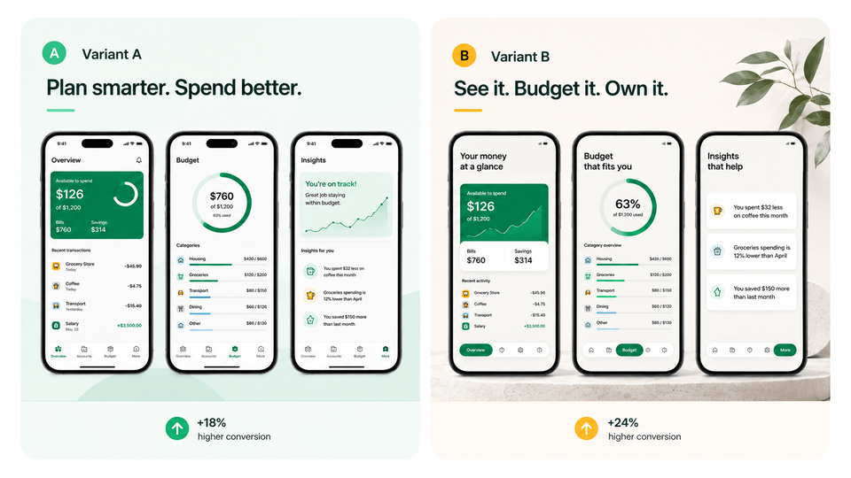 Screenshot A/B test diagram comparing a control set with a variant that changes one meaningful message.