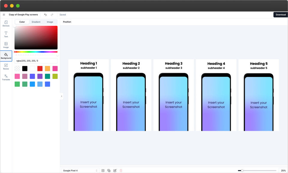 screenshots.pro editor preview with device mockup controls and export options